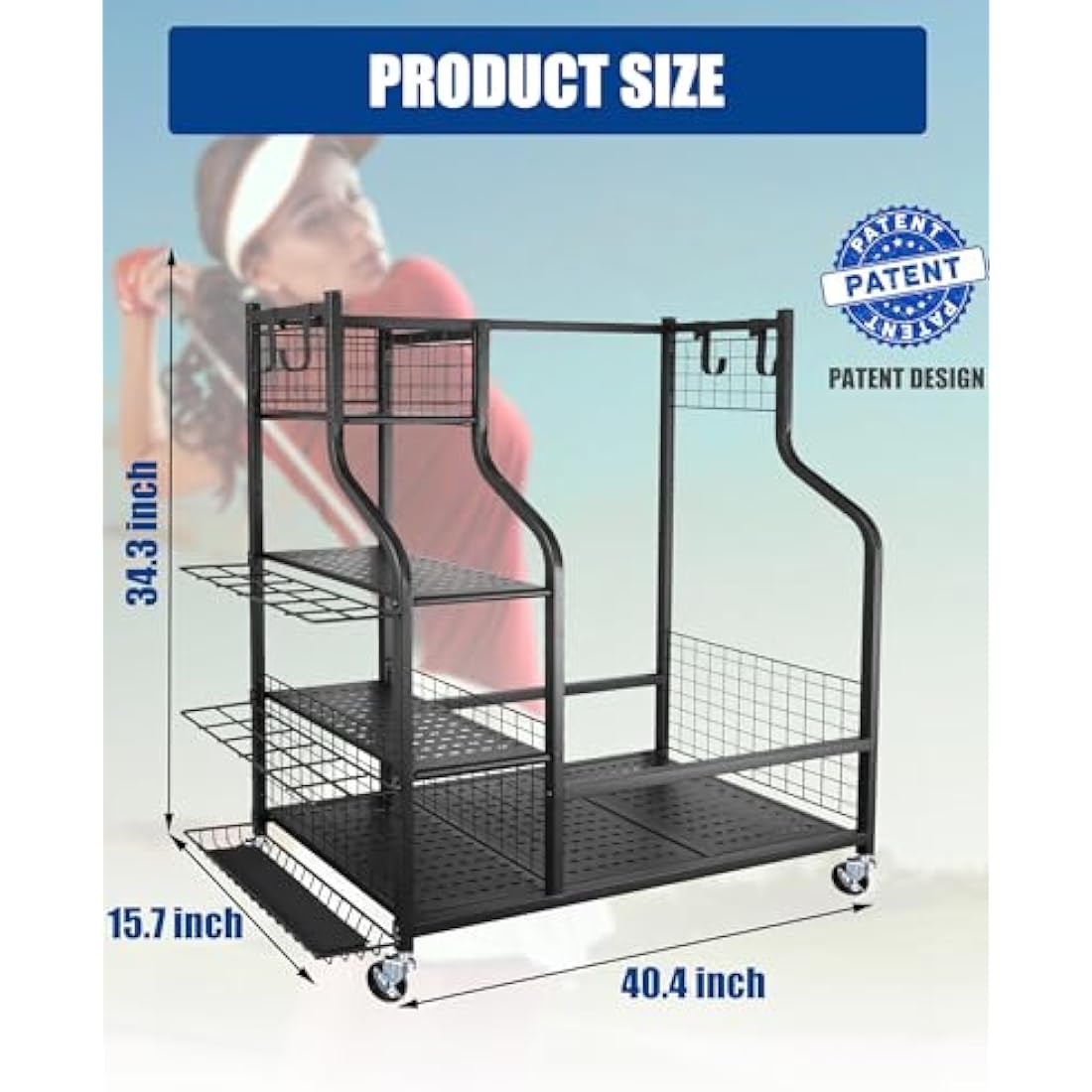 Mythinglogic Golf Storage Rack, Golf Organiser with Wheels, Golf Club Organisers Extra Large Design for Golf Bag Storage and Other Golf Club Accessories
