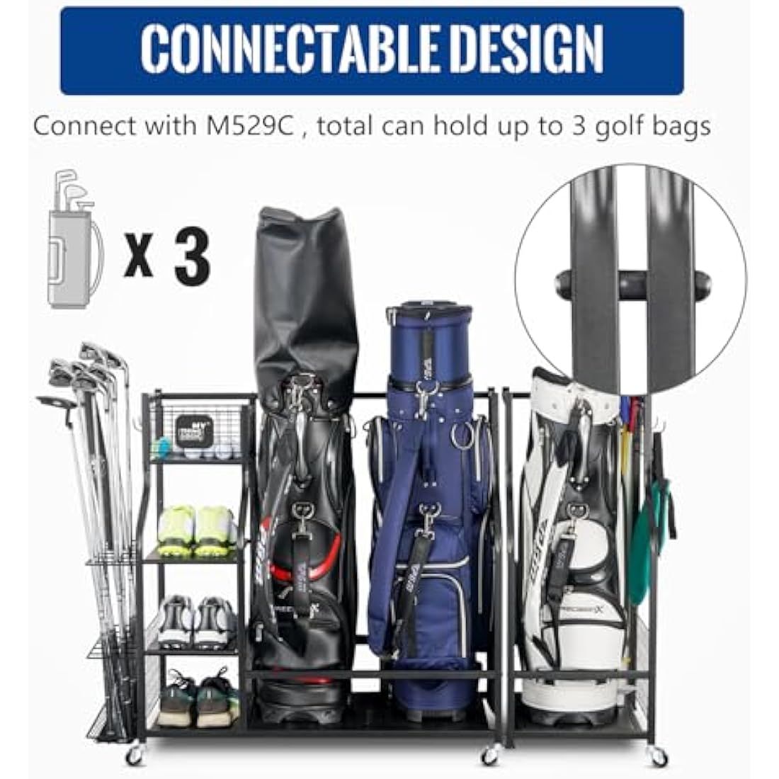 Mythinglogic Golf Storage Rack, Golf Organiser with Wheels, Golf Club Organisers Extra Large Design for Golf Bag Storage and Other Golf Club Accessories