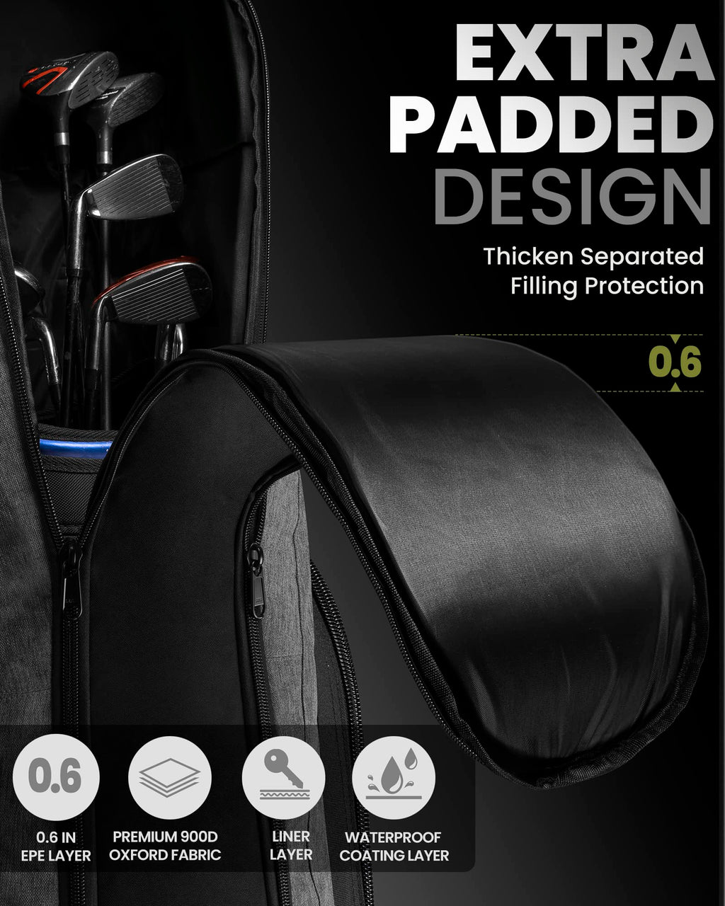 OutdoorMaster Padded Golf Travel Bag with Reinforced Wheels,900D Heavy Duty Oxford Wear-Resistant and Waterproof Golf Travel Case,Soft-Sided Golf Club