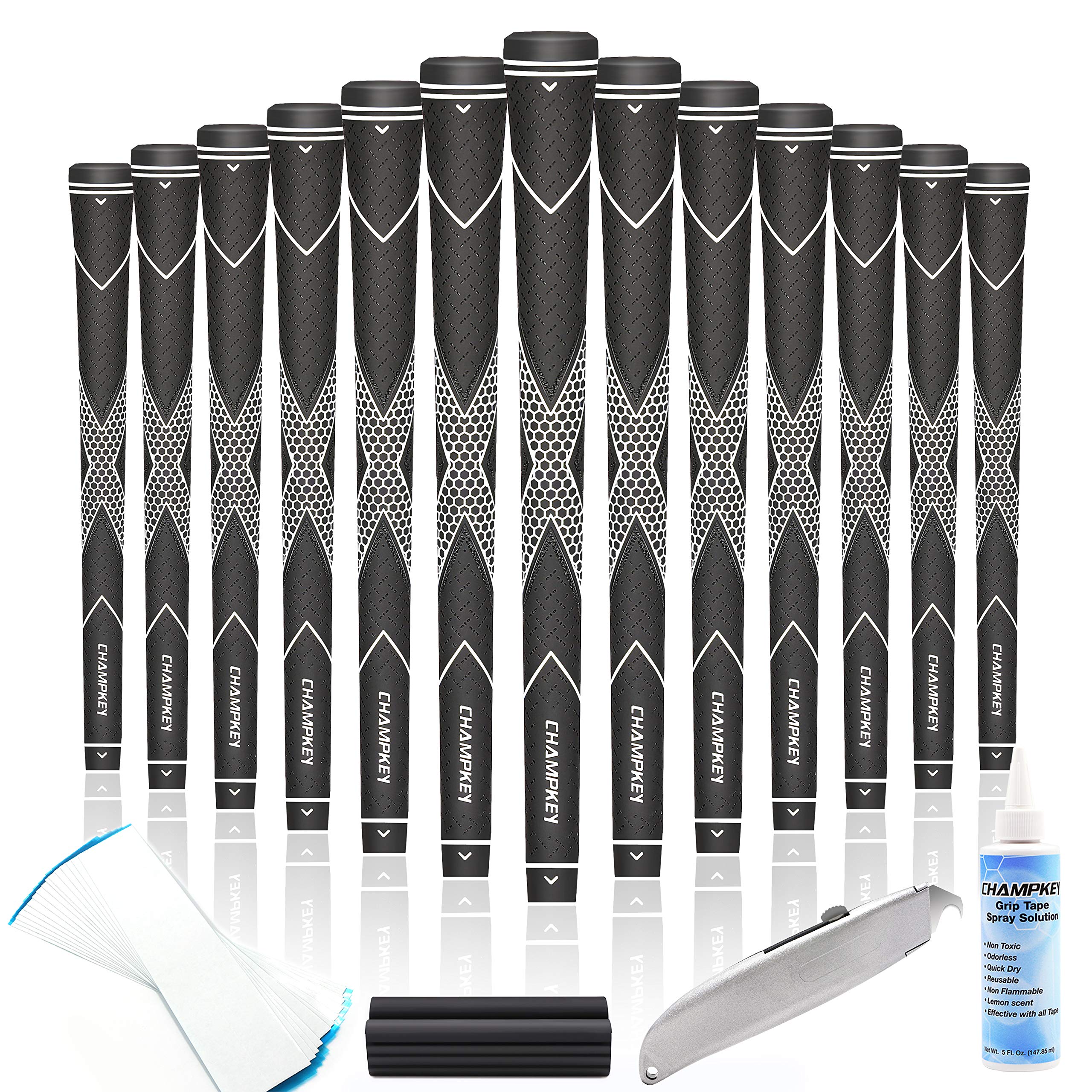 CHAMPKEY Premium Rubber Golf Grips 13 Pack | High Traction and Feedback Rubber Golf Club Grips - All Repair Kits (Black&White, Standard)